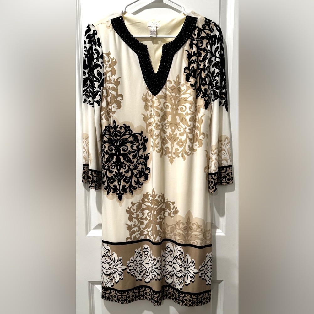 Chico’s Cream & Black Damask Beaded V-Neck Shift Dress Size 1 (M) - Picture 2 of 9